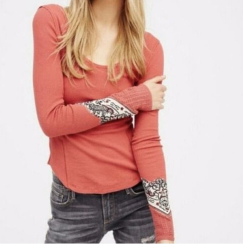 Free People Thermal Long Sleeve Waffle Knit Bandana Fancy Cuff Tee Top S